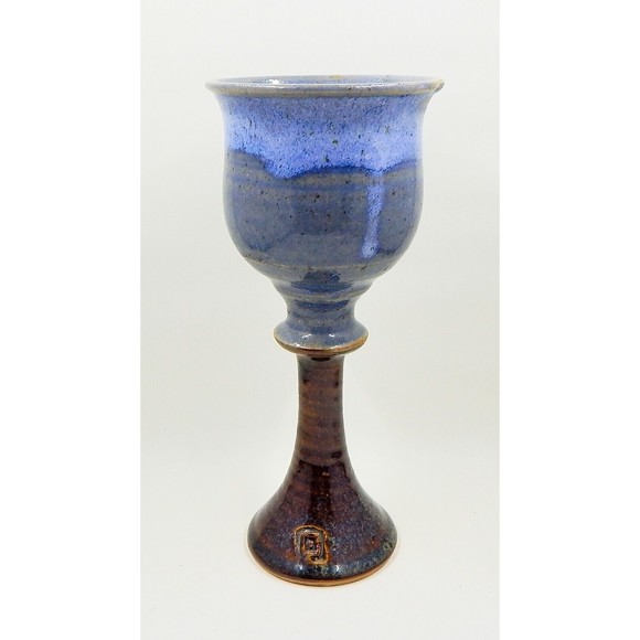 Stoneware Goblet Chalice Art Pottery Cobalt Blue Drip Glaze 8" - Picture 1 of 9